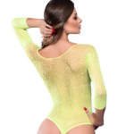 Body de Tule Transparente Verde com Strass e Manga