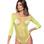 Body de Tule Transparente Verde com Strass e Manga