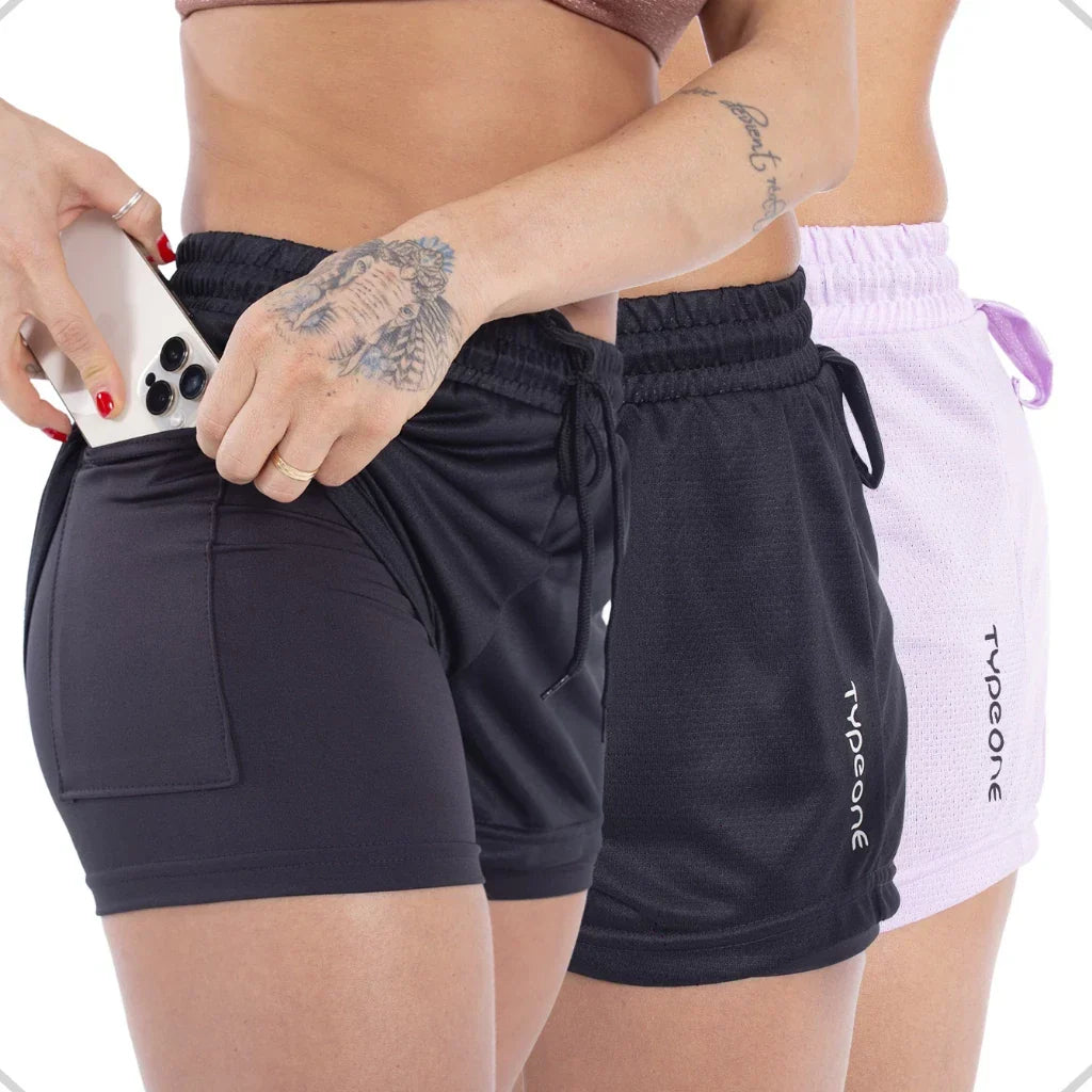Kit com 3 Shorts Duplo Feminino 2 em 1 com Bolso Oculto para Celular - Type One
