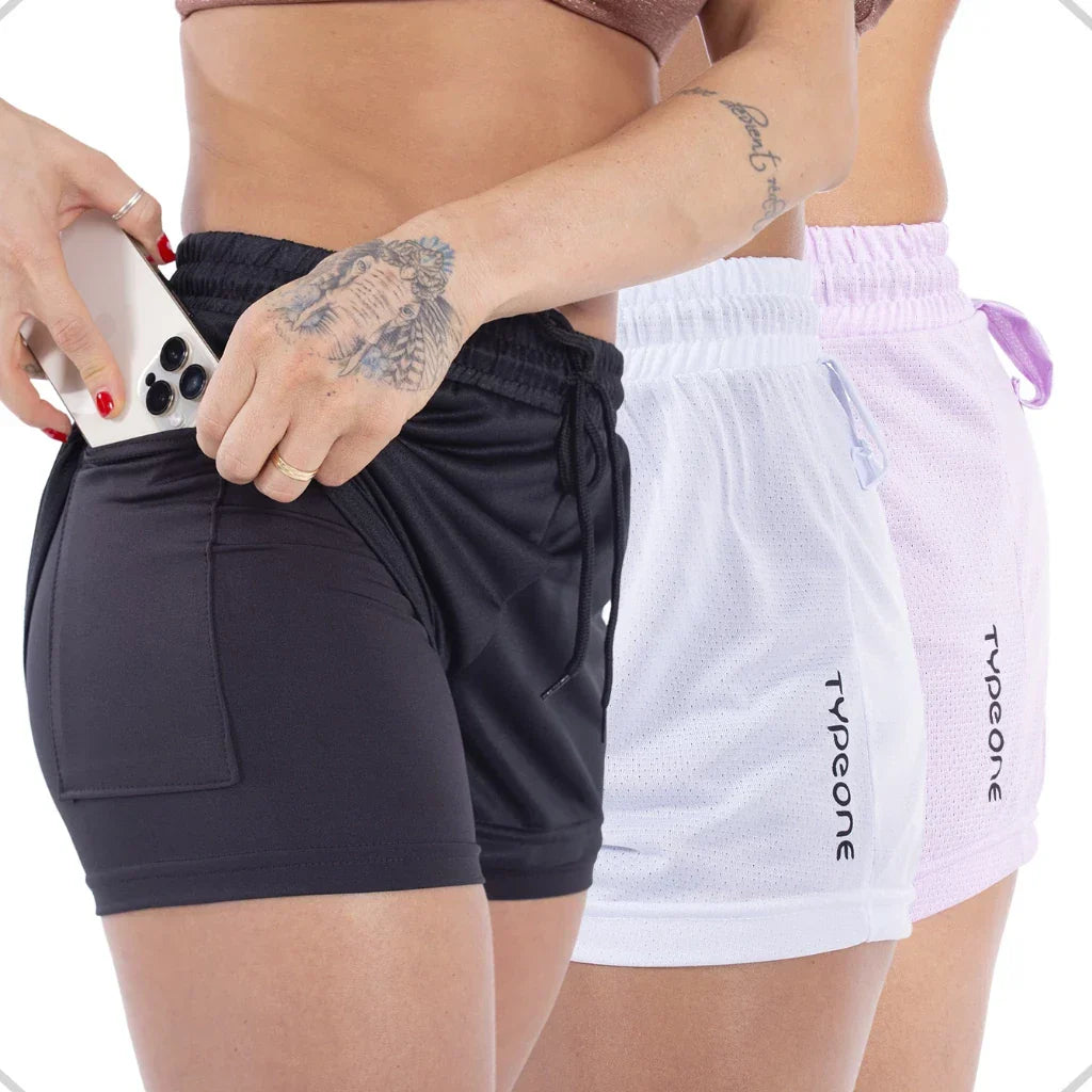Kit com 3 Shorts Duplo Feminino 2 em 1 com Bolso Oculto para Celular - Type One